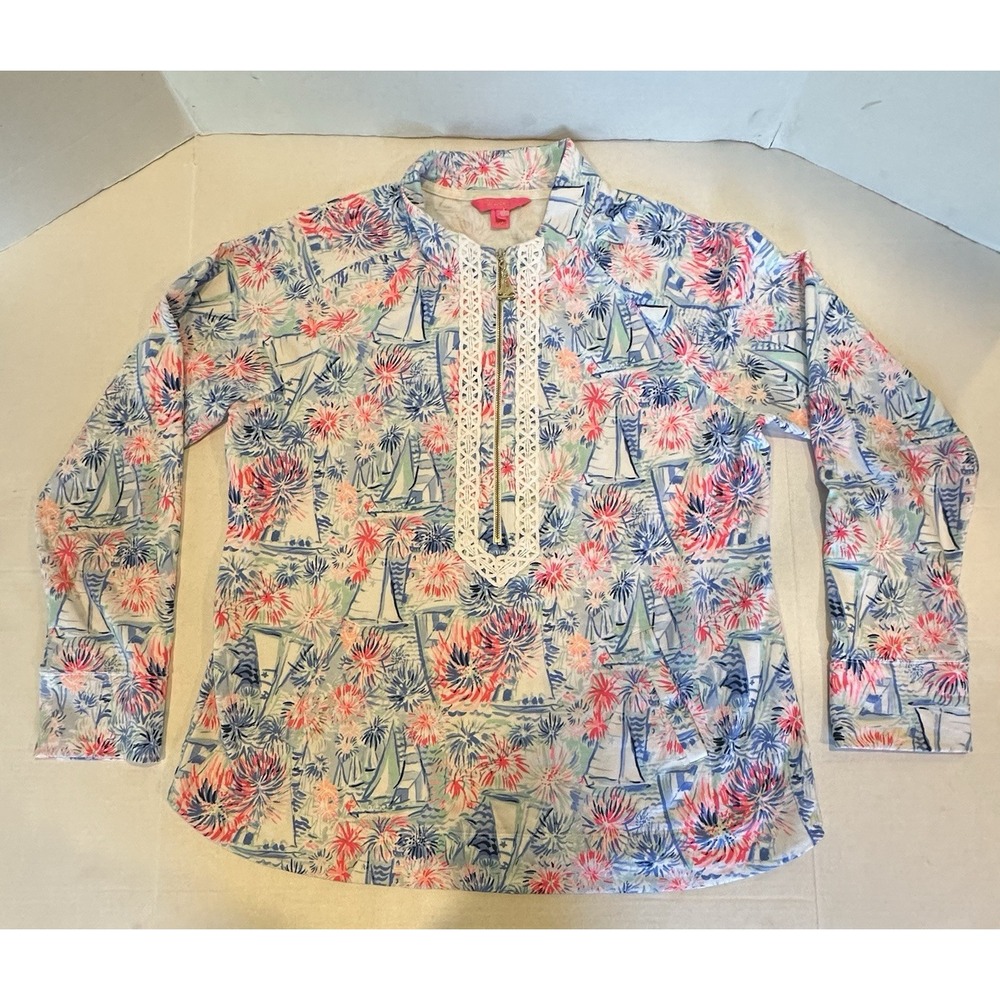 Lilly Putzier Janie Pull Over Quarter Zip Sea To Shining Sea Print Women's XL